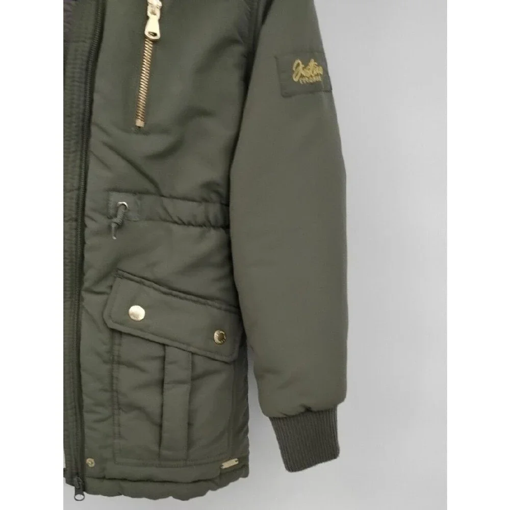 Justice Olive Green Fur Hood Sherpa Long Winter Coat Jacket Label Detail S 7/8